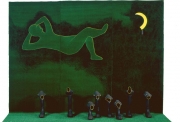 Daniel Tremblay, Raven’s blues, 1982, Gazon synthétique, serpe peinte, caoutchouc, 200 x 300 x 50 cm. Collection FRAC Auvergne