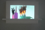 Samuel ROUSSEAU « Paysage domestique » 2013, Bois, métal, écran vidéo, flacon, plexiglas 38 x 62 x 13 cm, Pièce unique