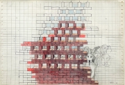 Henri Cueco, Meute derrière un mur de briques, 1973, Colored pencil on paper, 28 x 41 cm