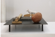 Roland Cognet, loup et arbre couché,2014,materiaux mixtes, 50x50x18cm